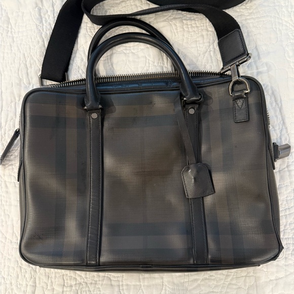 Burberry Smoked Check Newburg Leather Briefcase with Detachable Strap - Picture 1 of 6